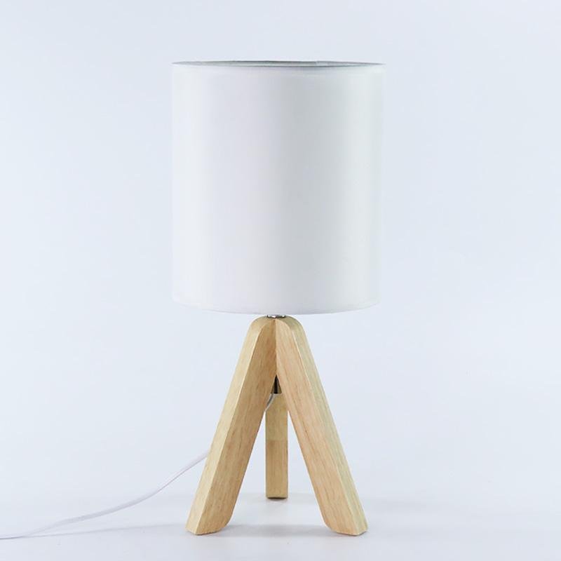 Modern Table Lamp Rubber Wood Tripod Base White Linen Drum Shade E27 LED Nordic Rustic Bedside Living Room 15 Inch