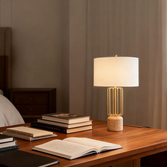 Modern Table Lamp Natural Limestone Base Geometric Brass Metal Cage White Fabric Shade E26 Nordic 28.35 Inch
