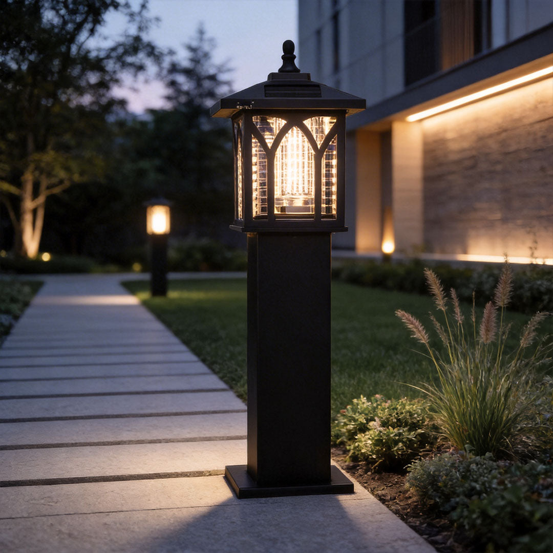 Solar Bollard Light Black Die-Cast Aluminum Dual Mode White and Purple Mosquito Attracting IP55 6W
