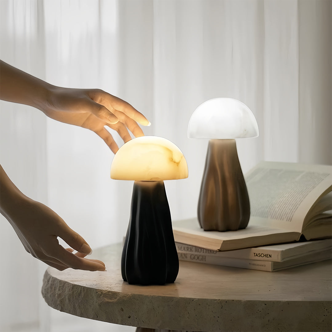 Modern LED Table Lamp Rechargeable Resin Mushroom Glass Shade Bedside Tri-Color Touch Coffee Black 7.48 Inch