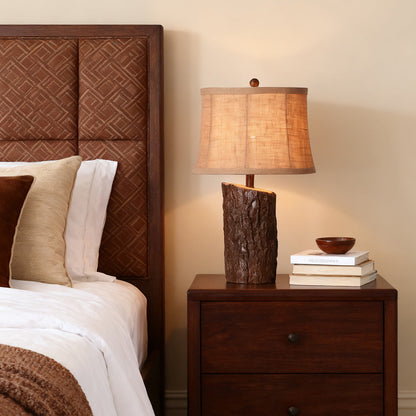 Rustic Faux Wood Table Lamp Dark Brown Bark Texture Beige Fabric Shade E26 Vintage Lodge Bedside 26.38 Inch