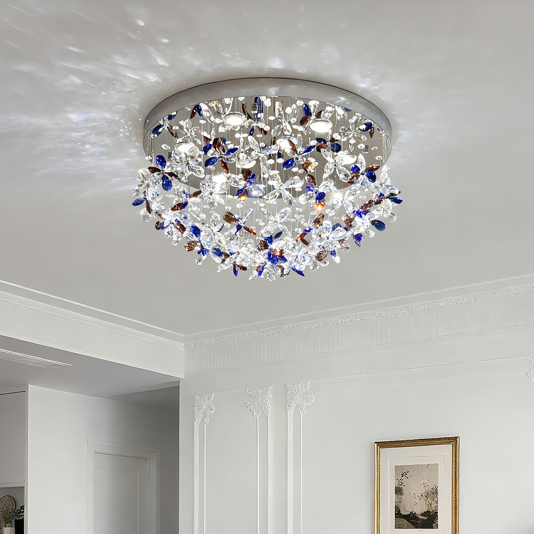 French Silver Crystal Ceiling Light Round Romantic Two Sizes LED