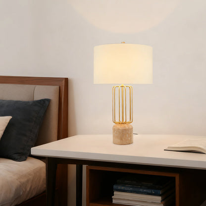 Modern Table Lamp Natural Limestone Base Geometric Brass Metal Cage White Fabric Shade E26 Nordic 28.35 Inch