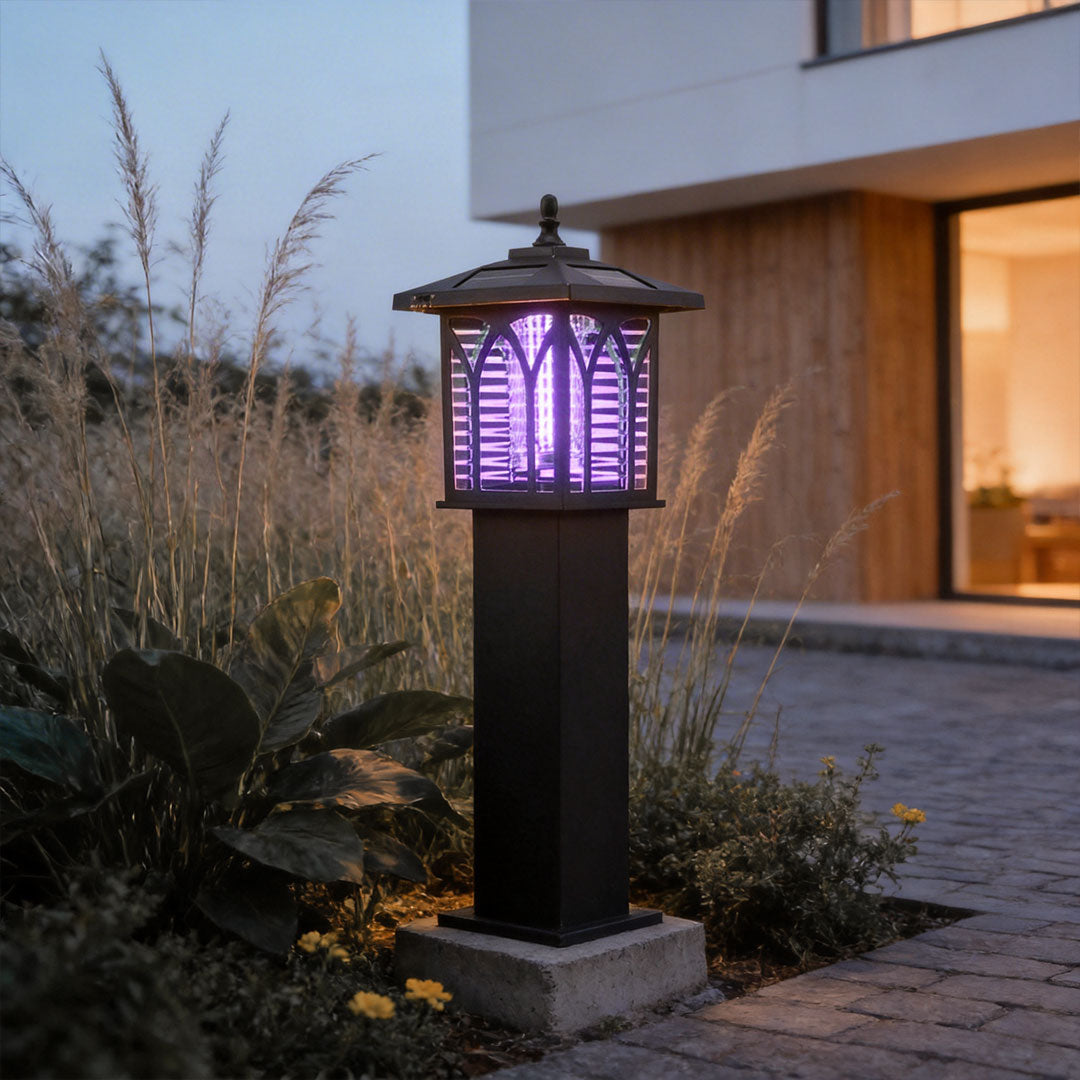 Solar Bollard Light Black Die-Cast Aluminum Dual Mode White and Purple Mosquito Attracting IP55 6W