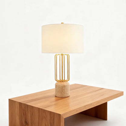 Modern Table Lamp Natural Limestone Base Geometric Brass Metal Cage White Fabric Shade E26 Nordic 28.35 Inch