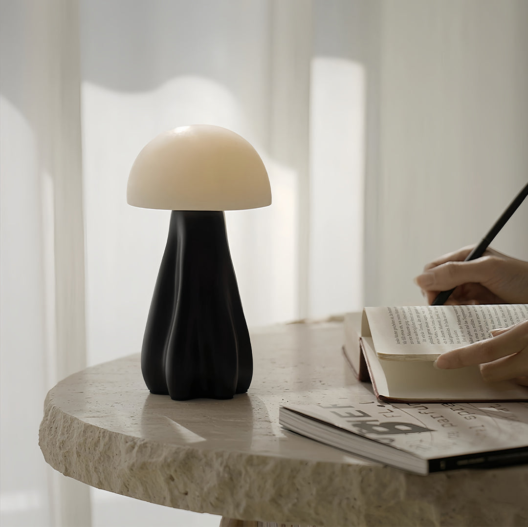 Modern LED Table Lamp Rechargeable Resin Mushroom Glass Shade Bedside Tri-Color Touch Coffee Black 7.48 Inch