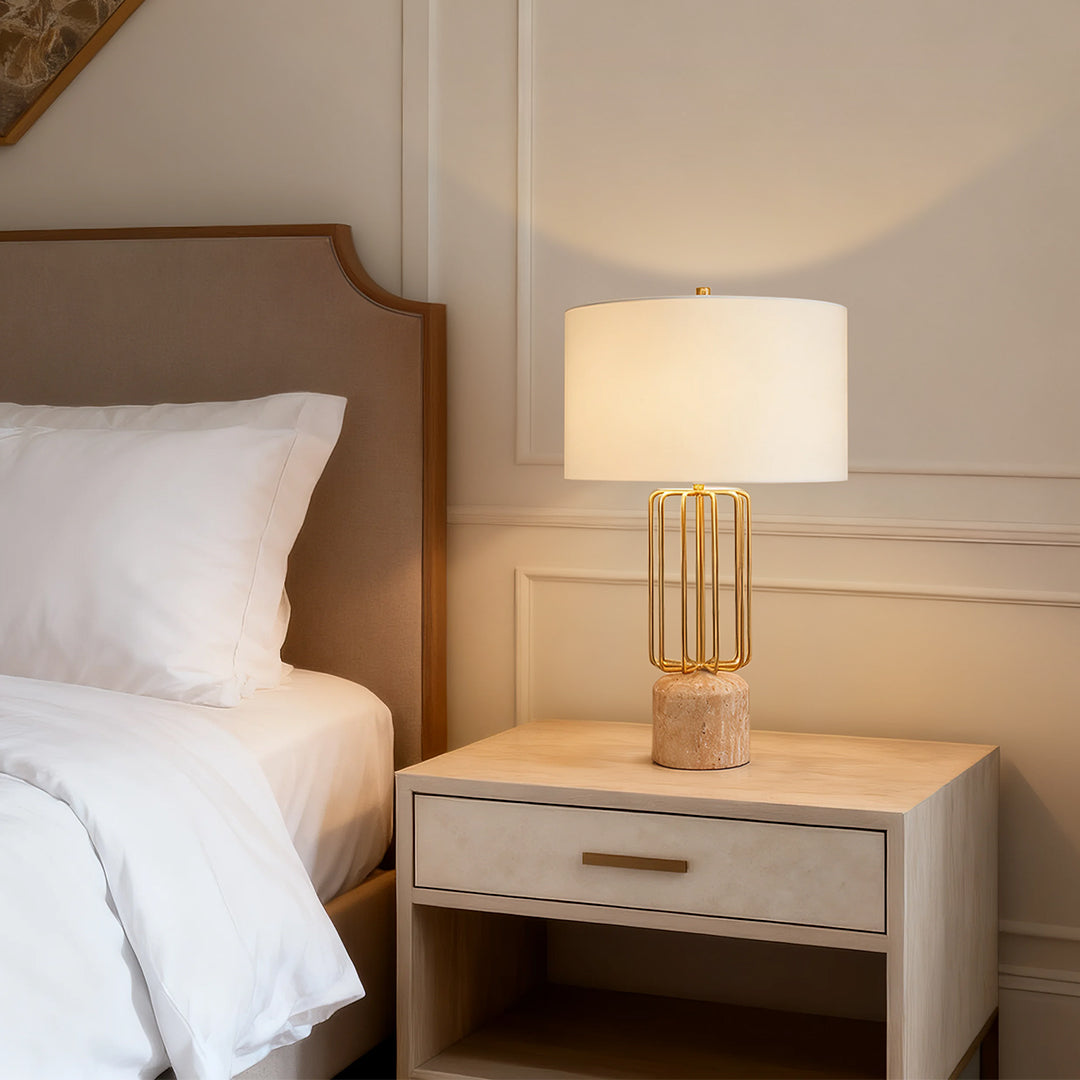 Modern Table Lamp Natural Limestone Base Geometric Brass Metal Cage White Fabric Shade E26 Nordic 28.35 Inch