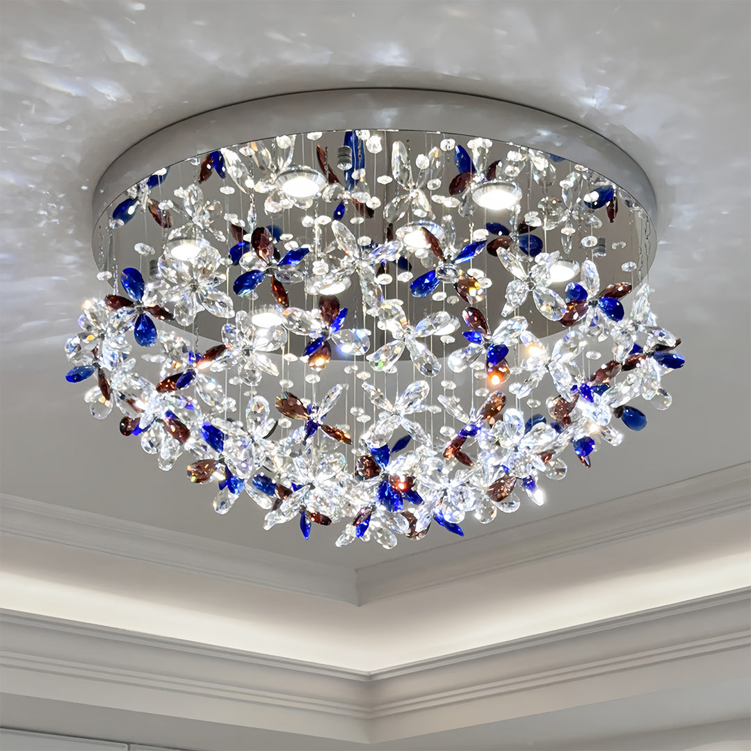 French Silver Crystal Ceiling Light Round Romantic Two Sizes LED