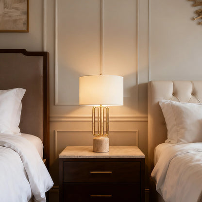 Modern Table Lamp Natural Limestone Base Geometric Brass Metal Cage White Fabric Shade E26 Nordic 28.35 Inch