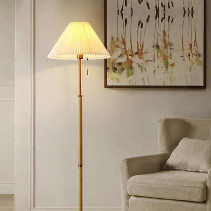 Modern Floor Lamp Solid Wood E27 LED Pleated Linen Shade Pull Chain Dimmable Remote Walnut Nordic American Country 62 Inch