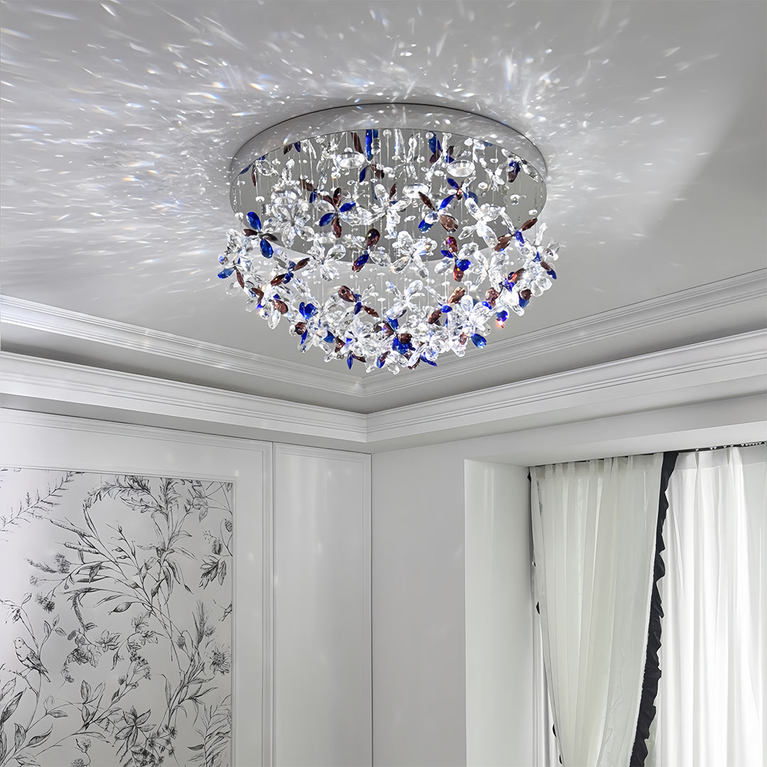 French Silver Crystal Ceiling Light Round Romantic Two Sizes LED