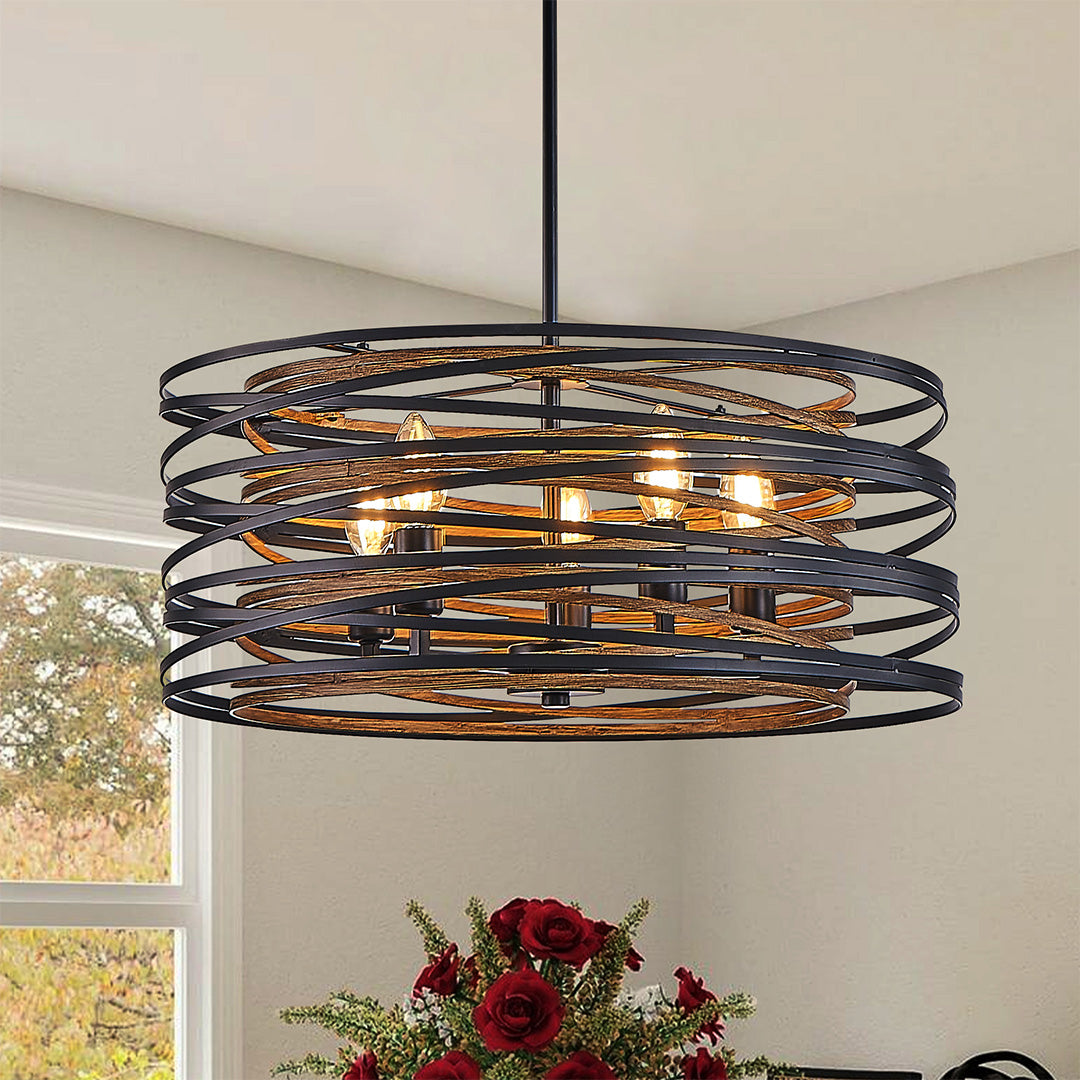 Black Drum Pendant Light Stacked Iron Rings Walnut Accent E12 American Retro 3 Sizes Dining Bar
