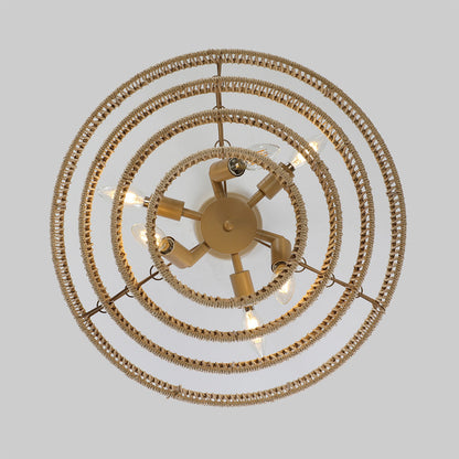 Wabi-Sabi Chandelier Hand-Wrapped Jute Rope Iron Frame Japandi Dining Room Living Room