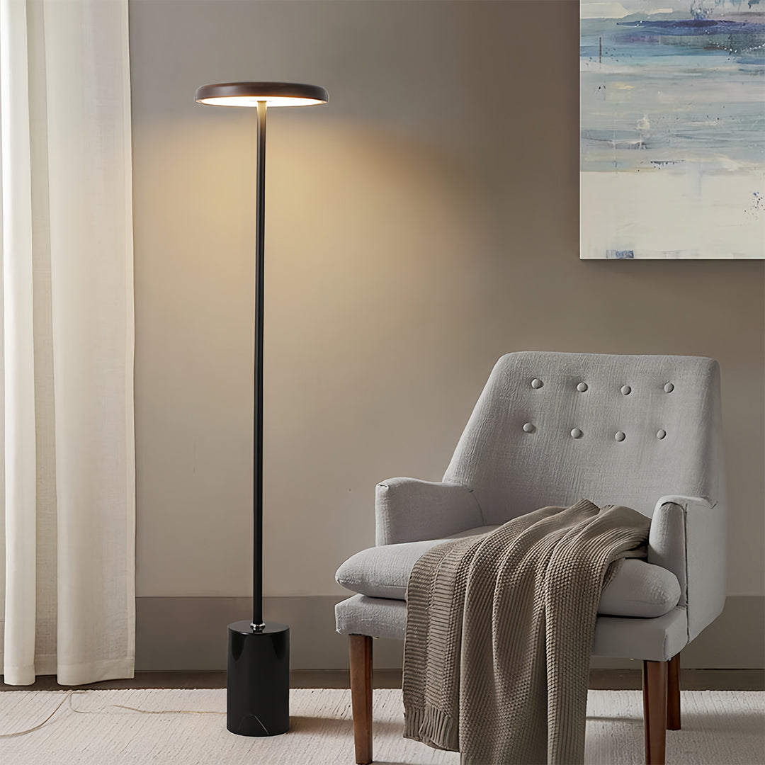 Modern Floor Lamp LED Circular Acrylic Uplight Marble Base Iron Pole 3 Color Temperature Dimmable Remote Walnut Wood 51 Inch