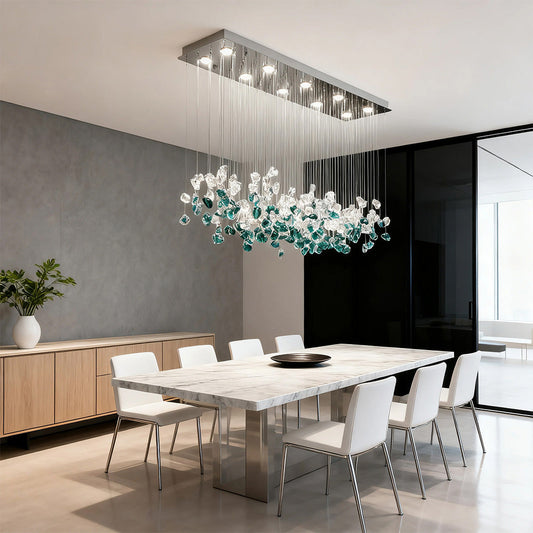 Beaded Glass Chandelier Stainless Steel Silver Hand-Blown Green Transparent French Style Island LED Tri-Color