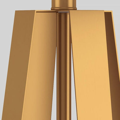 Mid-Century Brass Geometric Three-Column Table Lamp Linen Drum Shade E26 E27