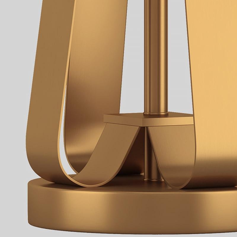 Mid-Century Brass Geometric Three-Column Table Lamp Linen Drum Shade E26 E27
