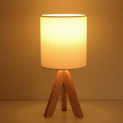 Modern Table Lamp Rubber Wood Tripod Base White Linen Drum Shade E27 LED Nordic Rustic Bedside Living Room 15 Inch