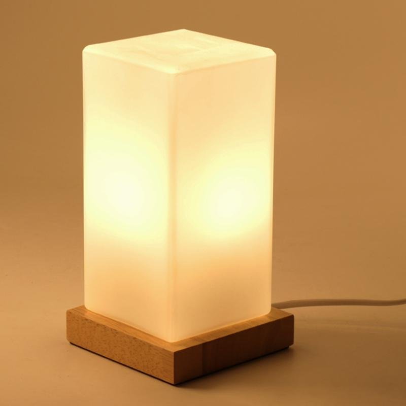 Nordic Cube Wood Frosted Glass Table Lamp Touch Remote Three Colour Temps G9 USB