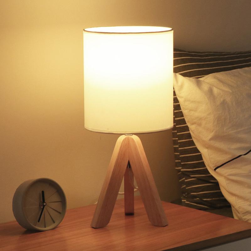 Modern Table Lamp Rubber Wood Tripod Base White Linen Drum Shade E27 LED Nordic Rustic Bedside Living Room 15 Inch