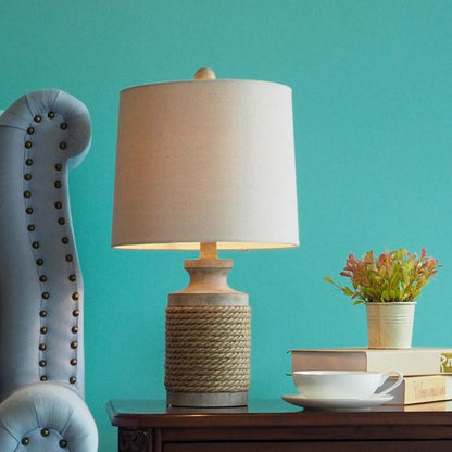 Modern Table Lamp Rustic Rope Stone Base Oatmeal Fabric Drum Shade E26 E27 LED Coastal Farmhouse Bedside Living Room 20 Inch