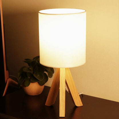 Modern Table Lamp Rubber Wood Tripod Base White Linen Drum Shade E27 LED Nordic Rustic Bedside Living Room 15 Inch