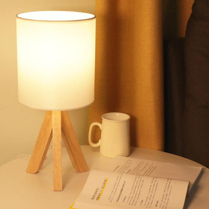 Modern Table Lamp Rubber Wood Tripod Base White Linen Drum Shade E27 LED Nordic Rustic Bedside Living Room 15 Inch