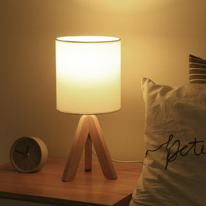 Modern Table Lamp Rubber Wood Tripod Base White Linen Drum Shade E27 LED Nordic Rustic Bedside Living Room 15 Inch