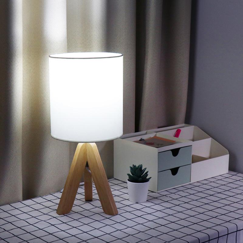 Modern Table Lamp Rubber Wood Tripod Base White Linen Drum Shade E27 LED Nordic Rustic Bedside Living Room 15 Inch