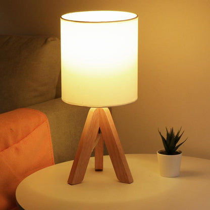 Modern Table Lamp Rubber Wood Tripod Base White Linen Drum Shade E27 LED Nordic Rustic Bedside Living Room 15 Inch