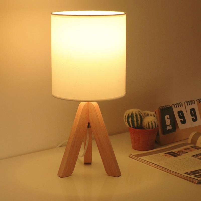 Modern Table Lamp Rubber Wood Tripod Base White Linen Drum Shade E27 LED Nordic Rustic Bedside Living Room 15 Inch