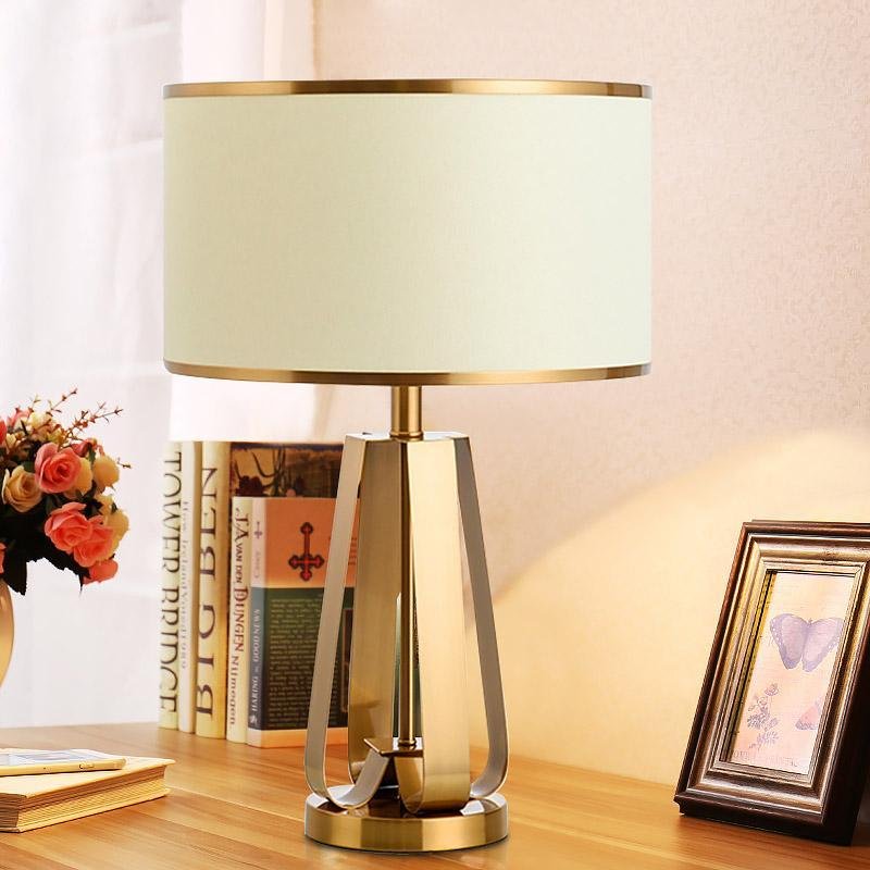 Mid-Century Brass Geometric Three-Column Table Lamp Linen Drum Shade E26 E27