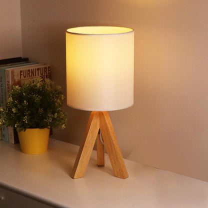 Modern Table Lamp Rubber Wood Tripod Base White Linen Drum Shade E27 LED Nordic Rustic Bedside Living Room 15 Inch