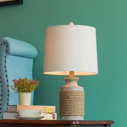 Modern Table Lamp Rustic Rope Stone Base Oatmeal Fabric Drum Shade E26 E27 LED Coastal Farmhouse Bedside Living Room 20 Inch