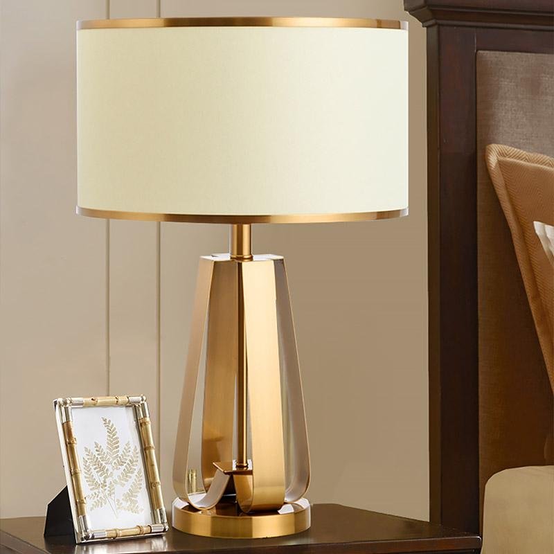 Mid-Century Brass Geometric Three-Column Table Lamp Linen Drum Shade E26 E27