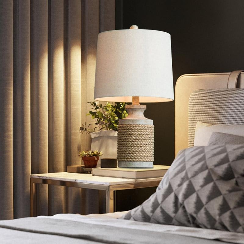 Modern Table Lamp Rustic Rope Stone Base Oatmeal Fabric Drum Shade E26 E27 LED Coastal Farmhouse Bedside Living Room 20 Inch