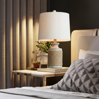 Modern Table Lamp Rustic Rope Stone Base Oatmeal Fabric Drum Shade E26 E27 LED Coastal Farmhouse Bedside Living Room 20 Inch