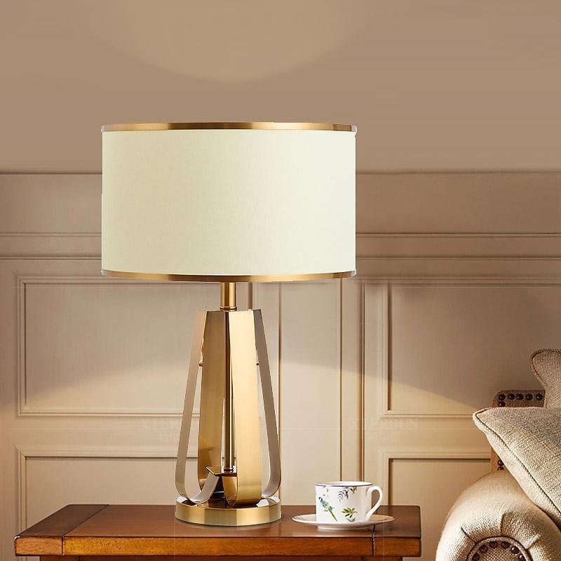 Mid-Century Brass Geometric Three-Column Table Lamp Linen Drum Shade E26 E27