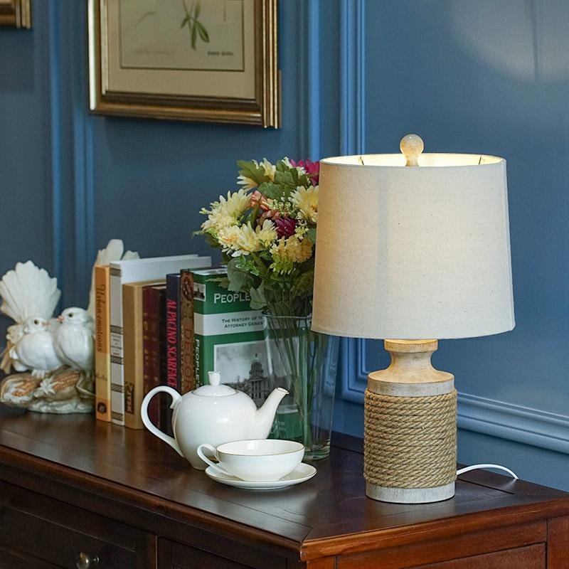 Modern Table Lamp Rustic Rope Stone Base Oatmeal Fabric Drum Shade E26 E27 LED Coastal Farmhouse Bedside Living Room 20 Inch