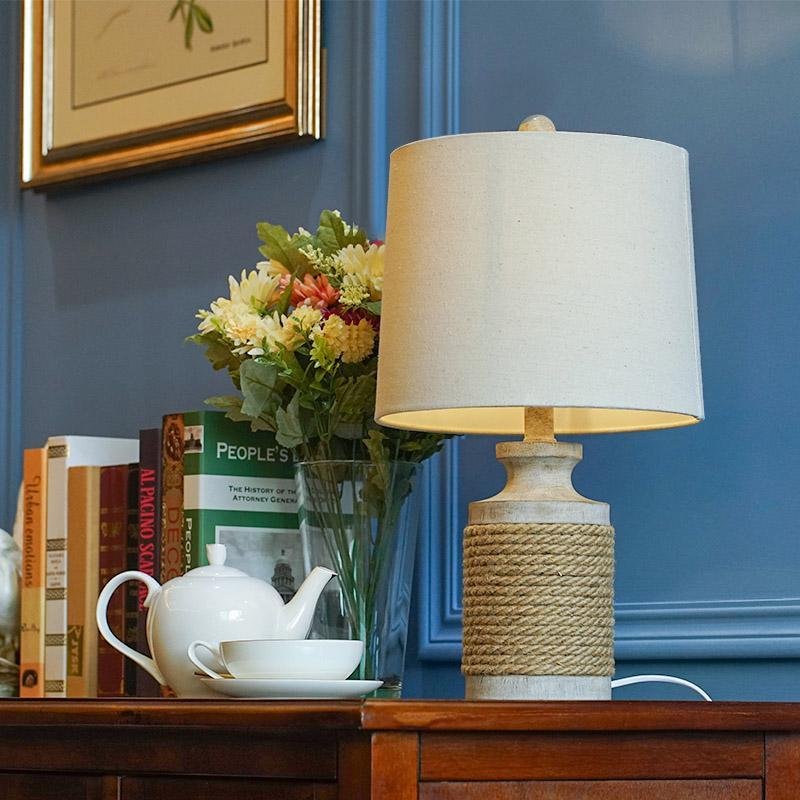 Modern Table Lamp Rustic Rope Stone Base Oatmeal Fabric Drum Shade E26 E27 LED Coastal Farmhouse Bedside Living Room 20 Inch