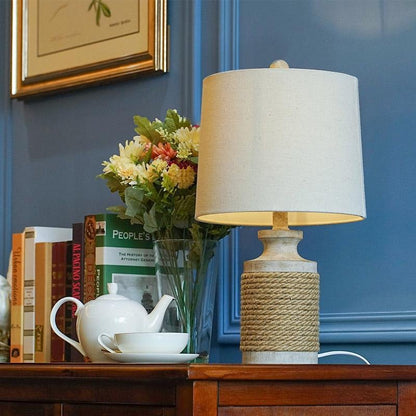 Modern Table Lamp Rustic Rope Stone Base Oatmeal Fabric Drum Shade E26 E27 LED Coastal Farmhouse Bedside Living Room 20 Inch