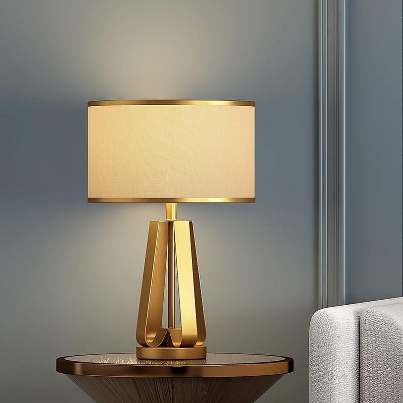Mid-Century Brass Geometric Three-Column Table Lamp Linen Drum Shade E26 E27