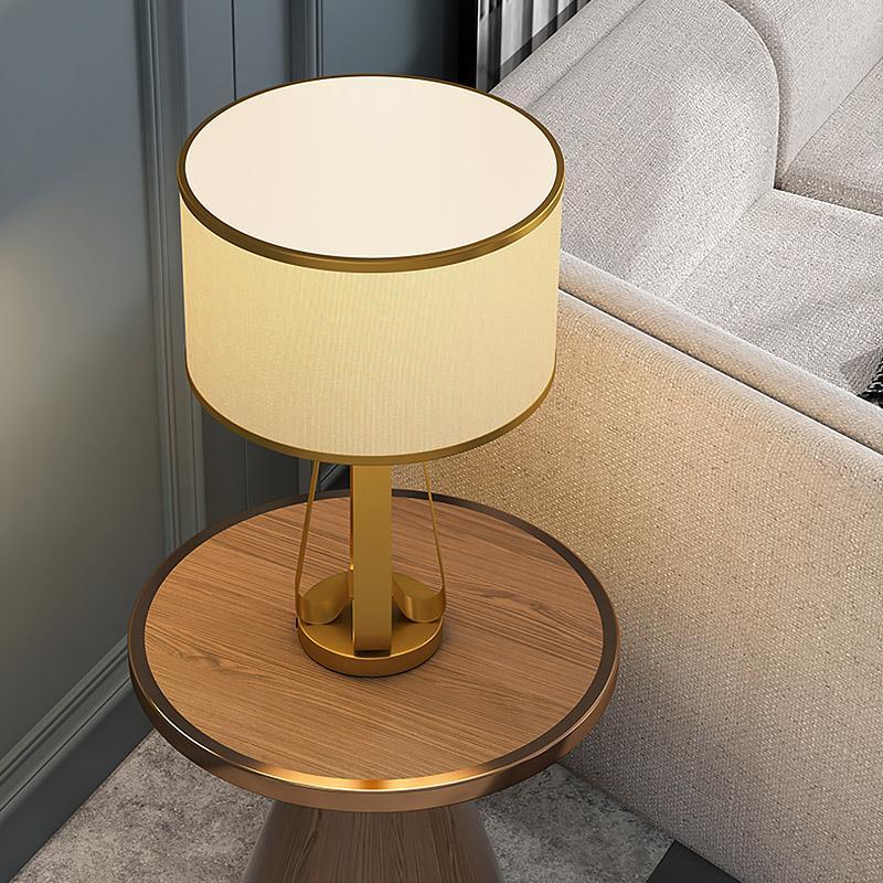 Mid-Century Brass Geometric Three-Column Table Lamp Linen Drum Shade E26 E27