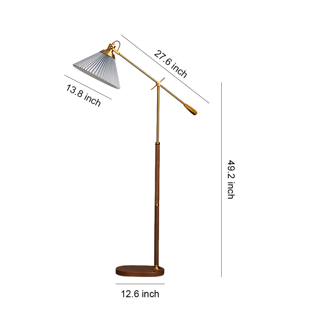 Floor Reading Lamp LED Swing Arm Pleated Fabric Shade Ash Wood Base Brass Pole Retro Luxury Dimmable Remote 2 Colors 49 Inch