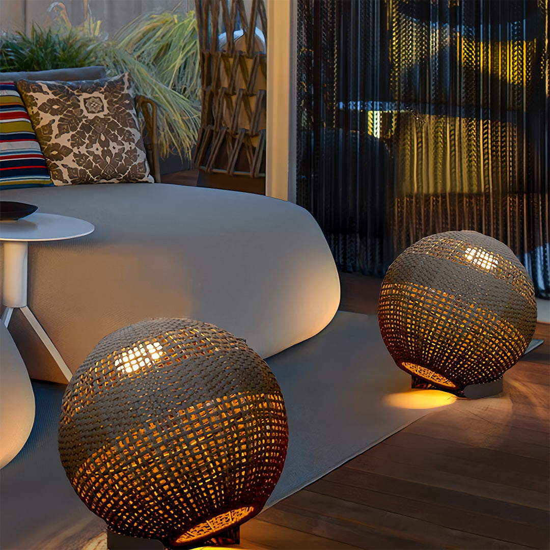 Woven Grass Vine Globe Outdoor Floor Lantern IP65 Solar/Hardwired 3000K Stainless Steel