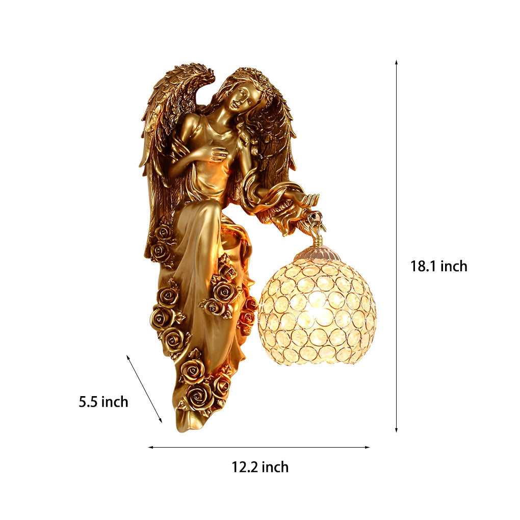 Angel Figure Resin Crystal Globe Wall Sconce E27 12W 3000K European Retro Gold Left Right Indoor