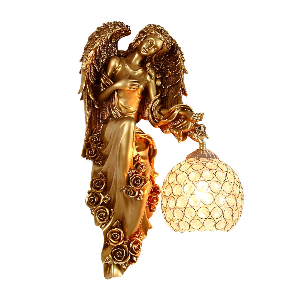 Angel Figure Resin Crystal Globe Wall Sconce E27 12W 3000K European Retro Gold Left Right Indoor
