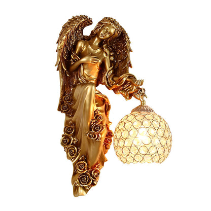 Angel Figure Resin Crystal Globe Wall Sconce E27 12W 3000K European Retro Gold Left Right Indoor