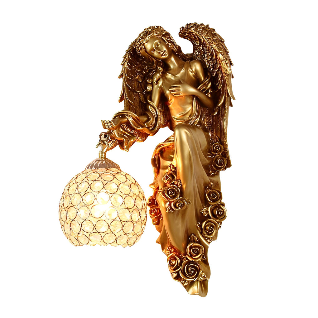 Angel Figure Resin Crystal Globe Wall Sconce E27 12W 3000K European Retro Gold Left Right Indoor