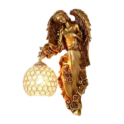 Angel Figure Resin Crystal Globe Wall Sconce E27 12W 3000K European Retro Gold Left Right Indoor
